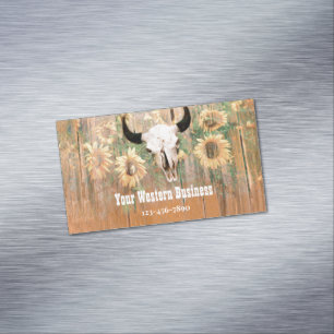 Rustic Western Bull Skull Sunflowers Wood Texture Magnetic Business Card