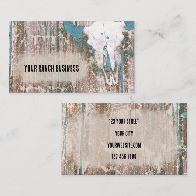 Rustic Western Bull Skull Teal Brown Texture Business Card (Front/Back)