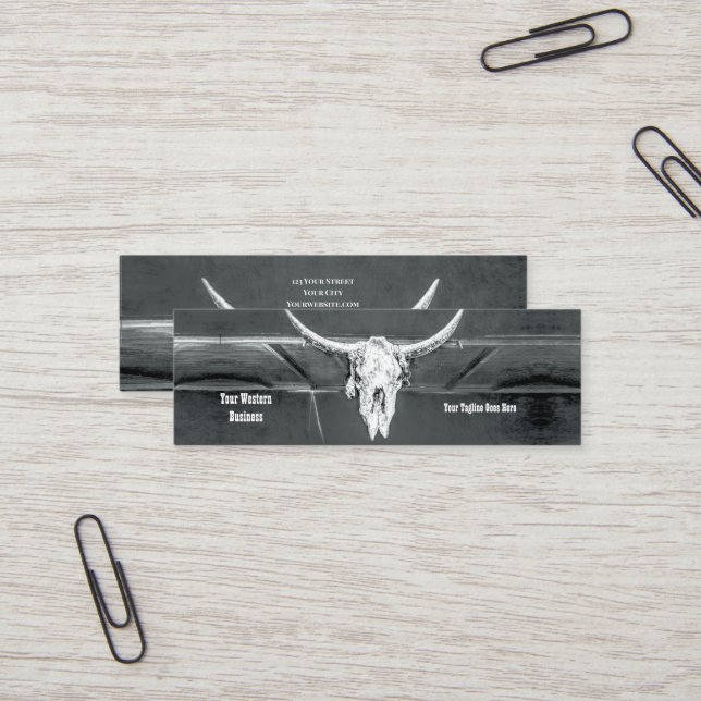 Rustic Western Charcoal Grey White Bull Cow Skull Mini Business Card (Front/Back In Situ)