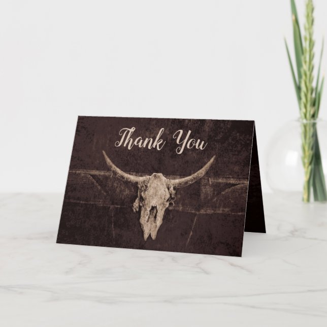 Rustic Western Country Brown Bull Skull Wedding Thank You Card (Front)