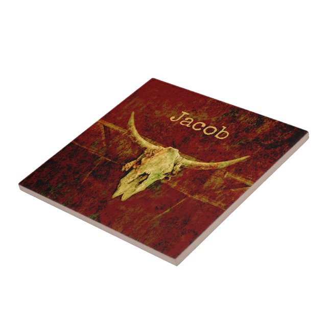 Rustic Western Country Brown Grunge Bull Skull Tile (Side)