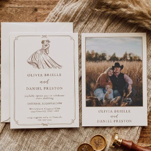 Rustic Western Country Couple Sketch Photo Wedding Invitation