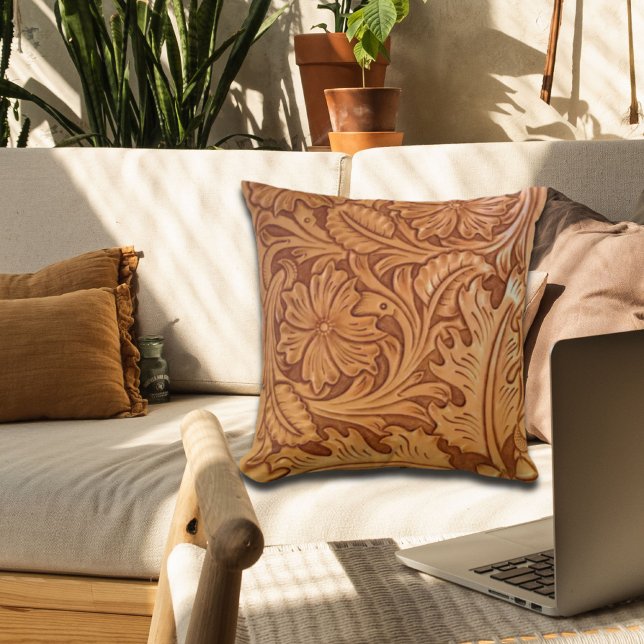 rustic western country cowboy tooled leather cushion (Creator Uploaded)