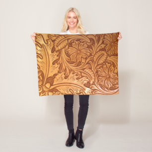 rustic western country cowboy tooled leather fleece blanket