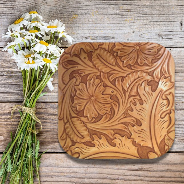 rustic western country cowboy tooled leather paper plate (rustic western country cowboy tooled leather paper plates)