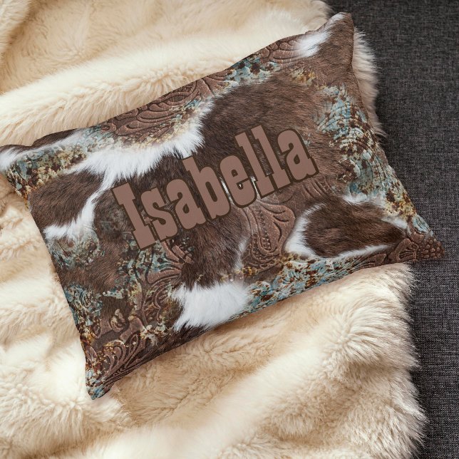 Rustic Western Country Cowhide Turquoise Name Decorative Cushion (Creator Uploaded)