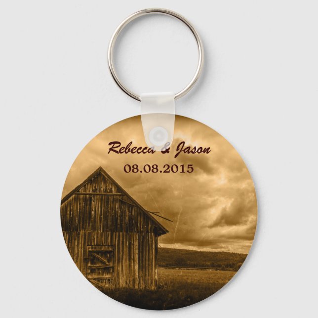 rustic western country farm old barn wedding key ring (Front)