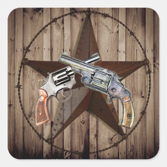 rustic western country texas star cowboy pistols square sticker (Front)