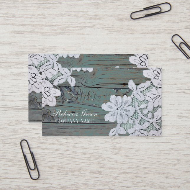 Rustic Western Country White Lace Teal Barn Wood Business Card (Front/Back In Situ)