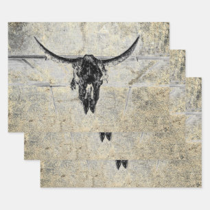 Rustic Western Cow Skull Black Texture Decoupage Wrapping Paper Sheet
