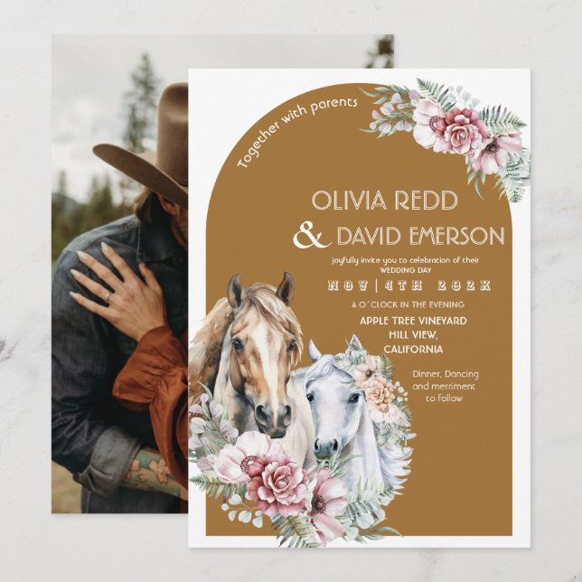 Rustic  Western Cowboy Boho Floral  Wedding Invitation (Front/Back)