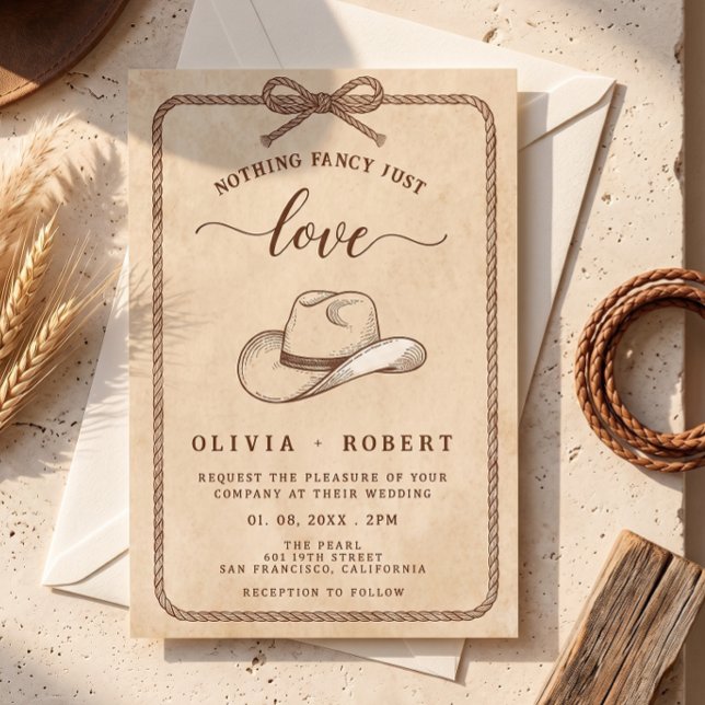Rustic Western Cowboy Hat Lasso Rope Wedding Invitation (Creator Uploaded)