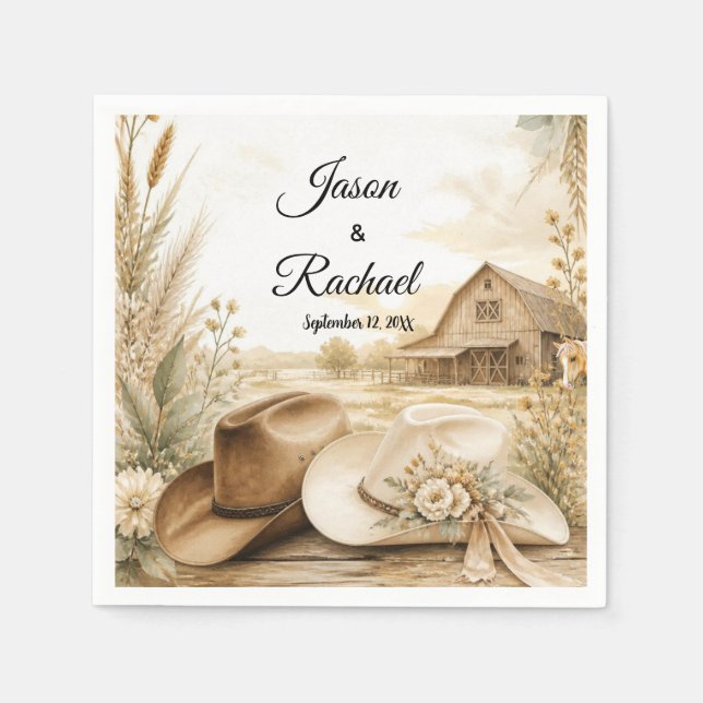 Rustic Western Cowboy Hat Wedding Cocktail Napkin (Front)