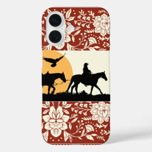 Rustic Western Cowboy Horse Floral Folk Art Sunset iPhone 16 Case