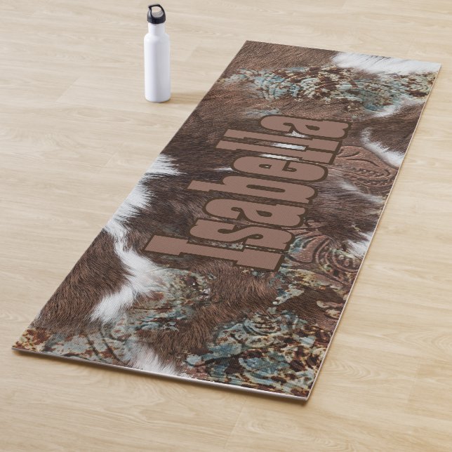 Rustic Western Cowhide Brown Leather Name Yoga Mat (In Situ)