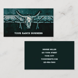 Rustic Western Dark Teal Sunflowers Bull Skull Business Card