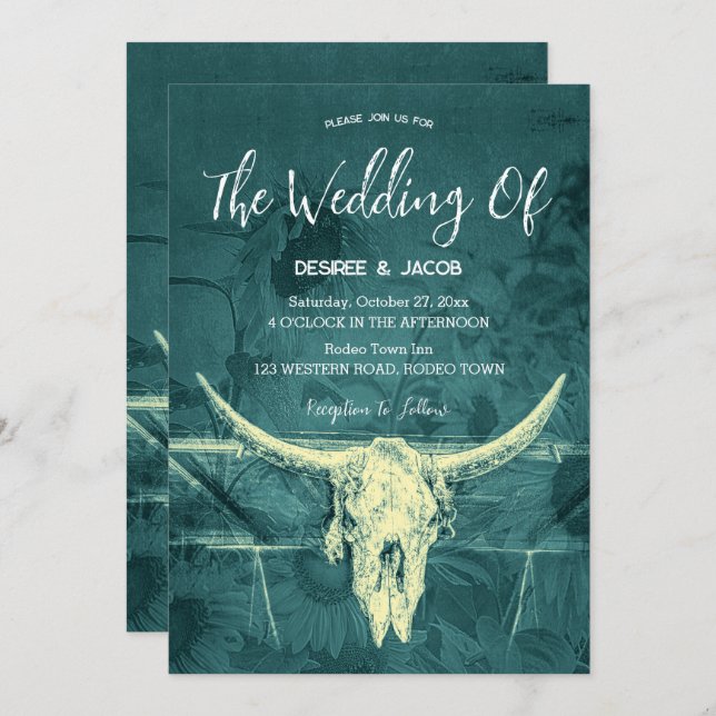 Rustic Western Dark Teal Sunflowers Bull Skull Invitation (Front/Back)