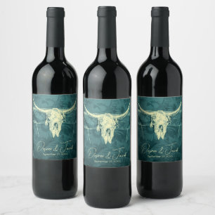 Rustic Western Dark Teal Sunflowers Bull Skull Wine Label