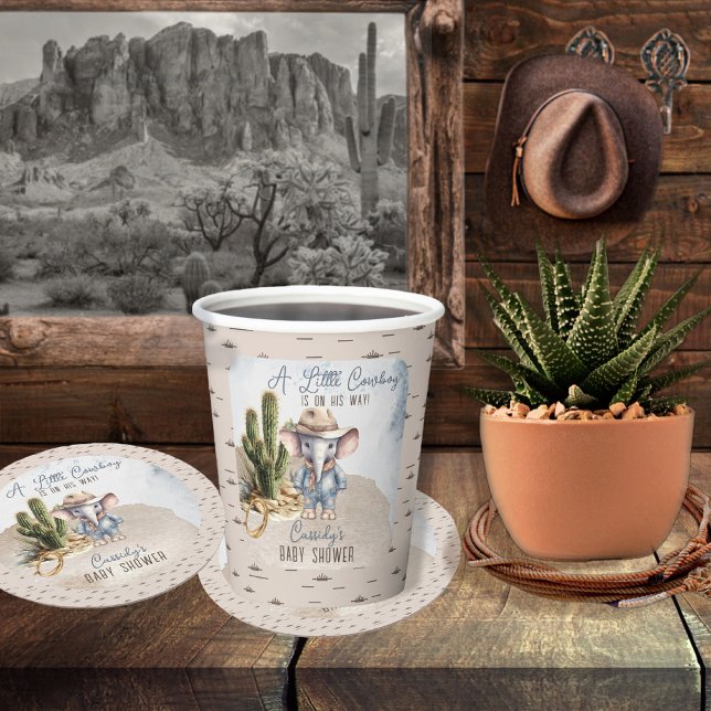 Rustic Western Elephant Cowboy Boy Baby Shower Round Paper Coaster (Rustic Western Elephant Cowboy Boy Baby Shower Coaster (Cup Sold Separately in  this Collection))