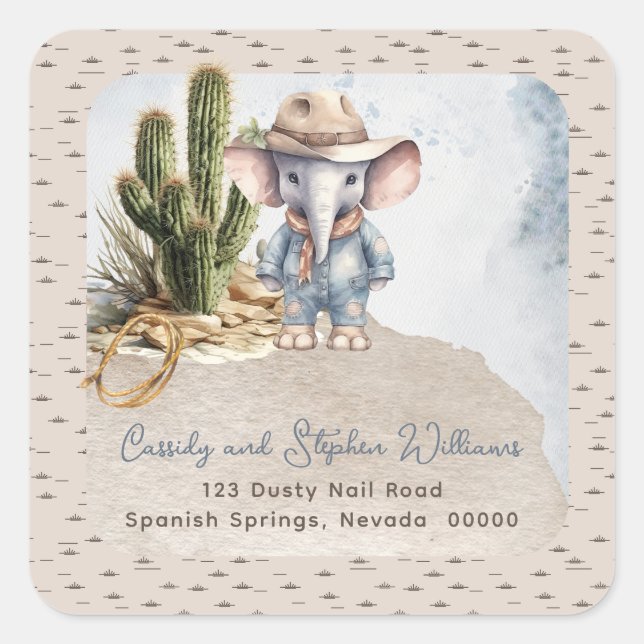Rustic Western Elephant Cowboy Return Address Square Sticker (Front)