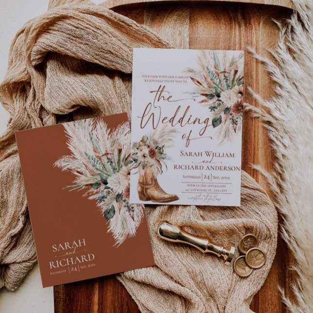 Rustic Western Fall Wedding Invitation Card (Rustic Western Wedding Invitation Card | Terracotta Fall Wedding Invite | Boho Cowboy Boots)