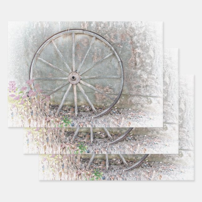 Rustic Western Grey White Distressed Wagon Wheel Wrapping Paper Sheet (Set)