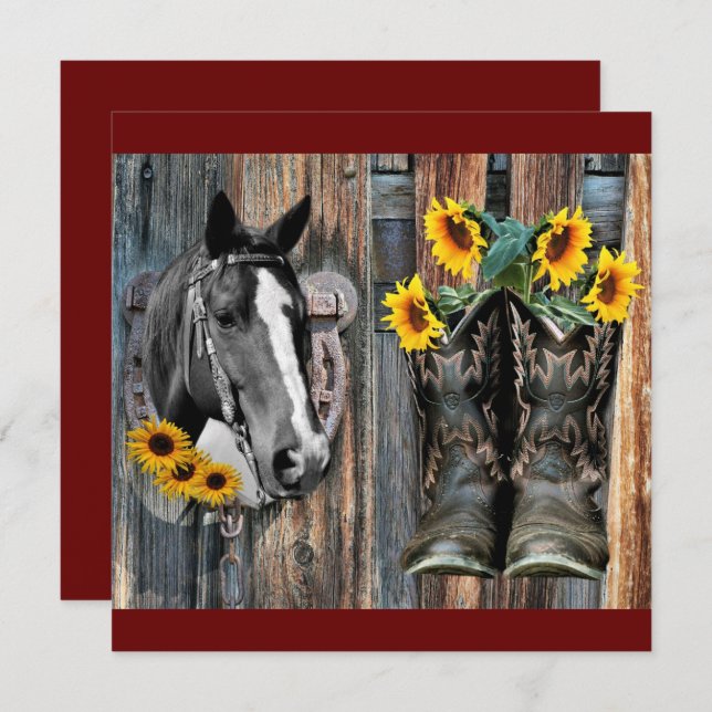 Rustic Western Horse Cowboy boots Sunflowers Invitation (Front/Back)
