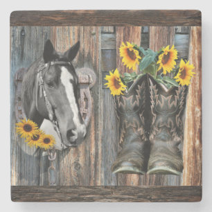 Rustic Western Horse Cowboy boots Sunflowers Stone Coaster