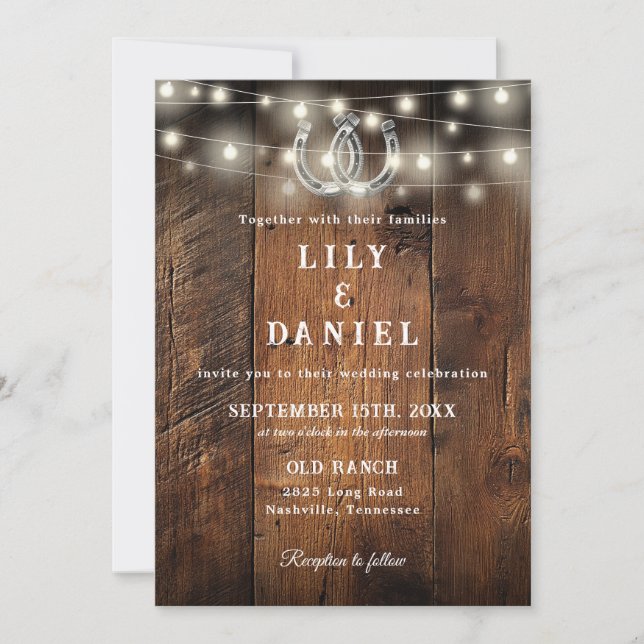 Rustic Western Horseshoes String Lights Wedding Invitation (Front)