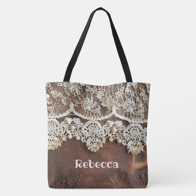 Rustic Western Leather and Lace  Tote Bag (Back)
