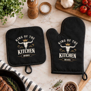 Rustic Western Longhorn Skull Custom Name Oven Mitt & Pot Holder Set