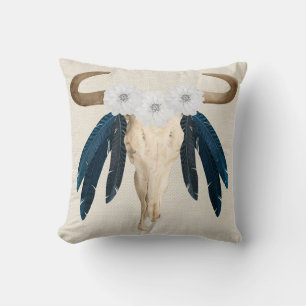 Rustic Western Prairie Floral Cow Skull Feathers Cushion