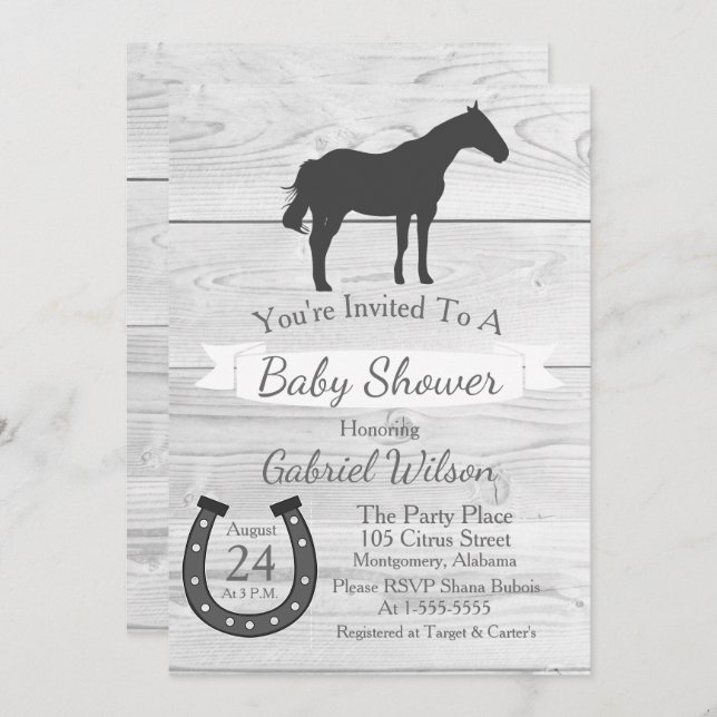 Rustic Western Ranch Grey Horse & Horseshoe Invitation (Front/Back)