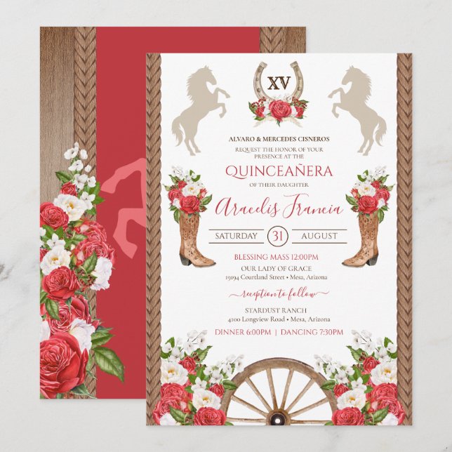 Rustic Western Ranch Red Cowgirl/Charra Quinceanos Invitation (Front/Back)
