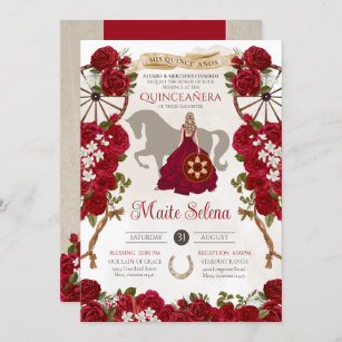 Rustic Western Red Roses Floral Charro Quinceanera Invitation