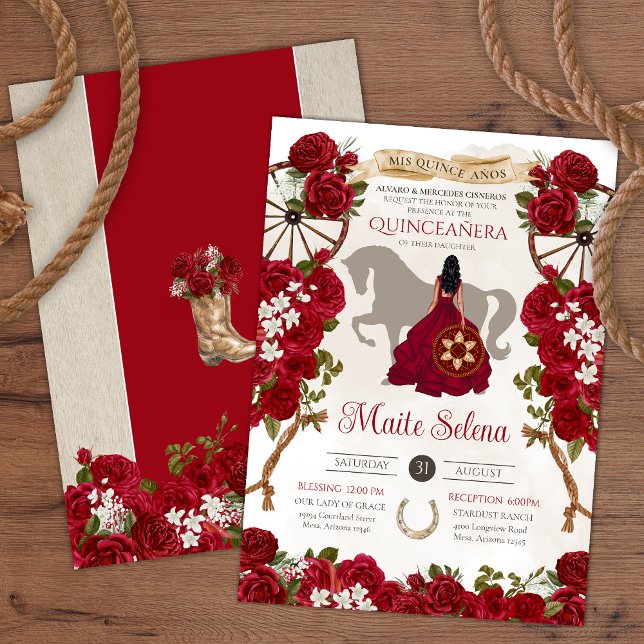 Rustic Western Red Roses Floral Charro Quinceanera Invitation (Creator Uploaded)