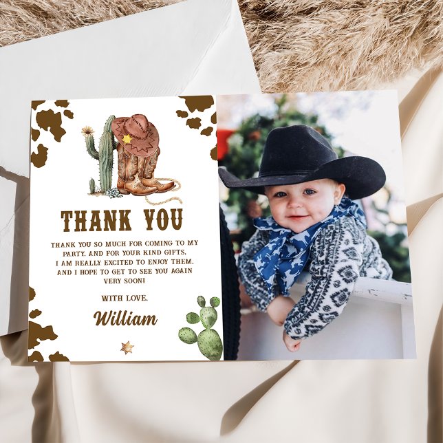 Rustic Western Rodeo Cowboy Birthday Photo Thank You Card (Creator Uploaded)