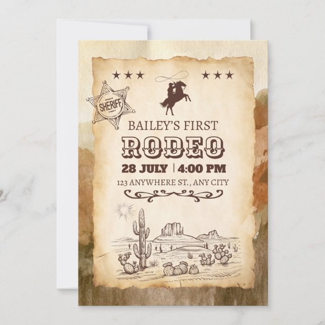 Rustic Western Rodeo Cowboy First Rodeo Birthday Invitation (Front)