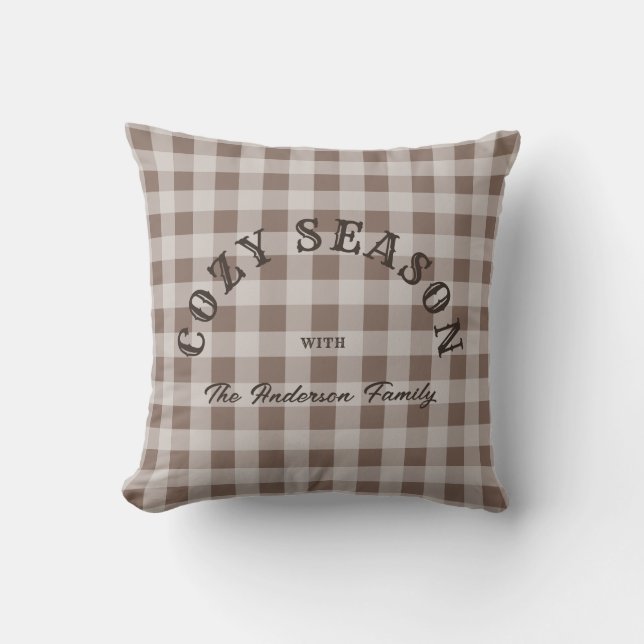 Rustic Western Script Custom Brown Gingham Pattern Cushion (Front)