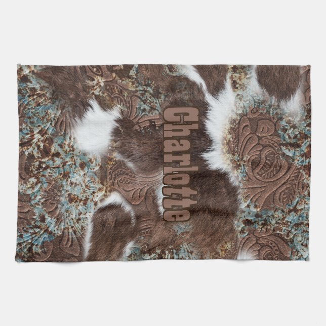 Rustic Western Southwest Cowhide Leather Name Tea Towel (Horizontal)