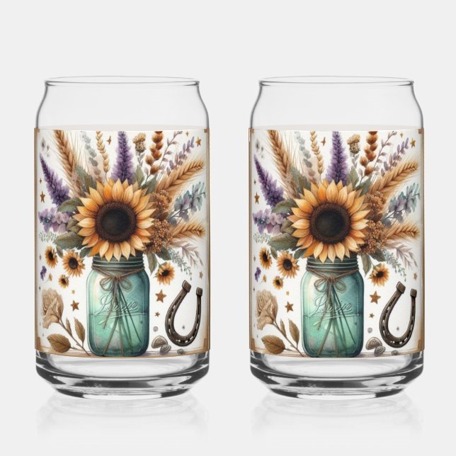 Rustic Western Sunflower Mason Jar Can Glass (Front)