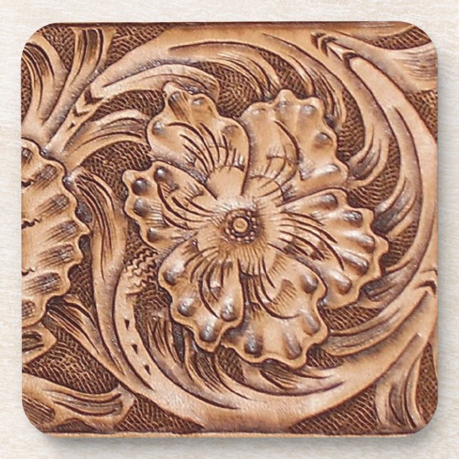 Rustic Western Tooled Leather-look Coaster (Front)