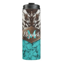 Rustic Western Turquoise Cowhide Thermal Tumbler