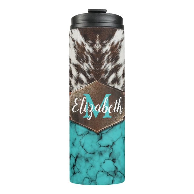 Rustic Western Turquoise Cowhide Thermal Tumbler (Front)