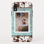 Rustic Western Turquoise Wood Cowhide Photo Case-Mate iPhone Case<br><div class="desc">Fun cowhide print against turquoise wooden background and your own photo. The perfect rustic phone case. Add your custom wording to this design by using the "Edit this design template" boxes on the right hand side of the item, or click the blue "Customise it" button to arrange the text, change...</div>