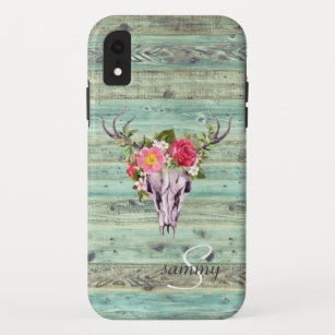 Rustic Western Turquoise Wood Deer Skull Monogram Case-Mate iPhone Case