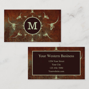 Rustic Western Vintage Monogram Brown Bull Skull Business Card