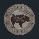 Rustic Western Wood Grain Art Deco Buffalo Throw P Round Clock<br><div class="desc">Home on the Range lyrics are placed on a beautiful brown buffalo in front of the moon. These elements are surrounded by an art deco style frame. All elements are overlayed on a textured warm grey wood grain. You are able to customise the lyrics if you would like to add...</div>