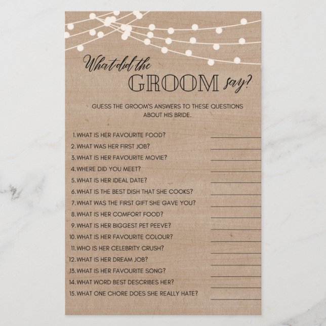 Rustic what did groom say bridal shower game flyer (Front)