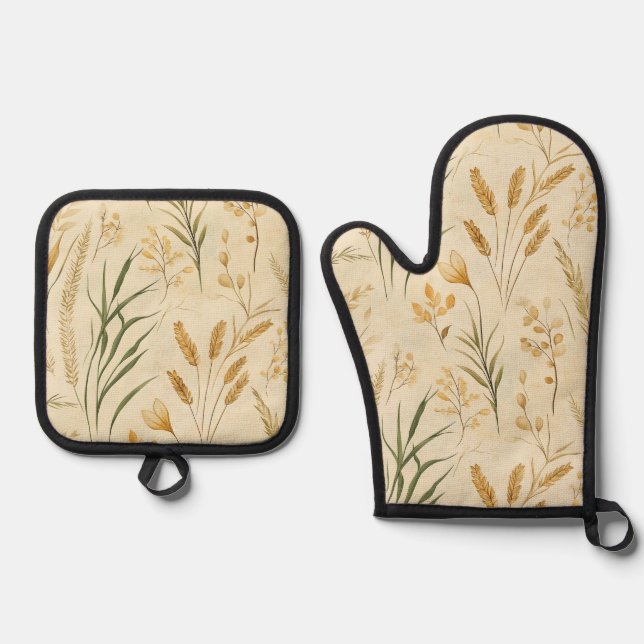 Rustic Wheat Fields Oven Mitt and Pot Holder Set (Front)
